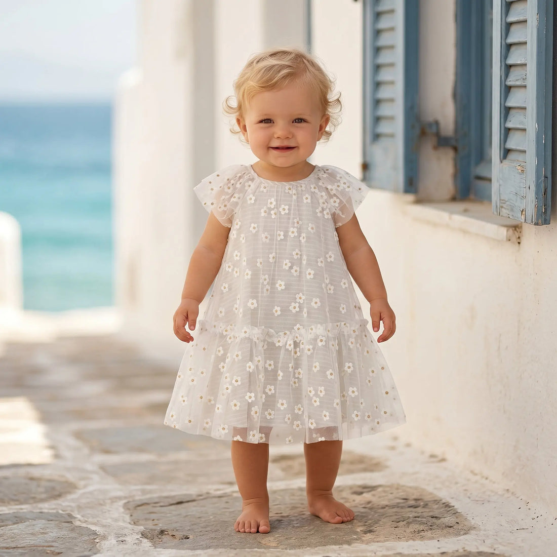 Girls Striped Daisies Cotton Dress with Tulle Details YELL OH!