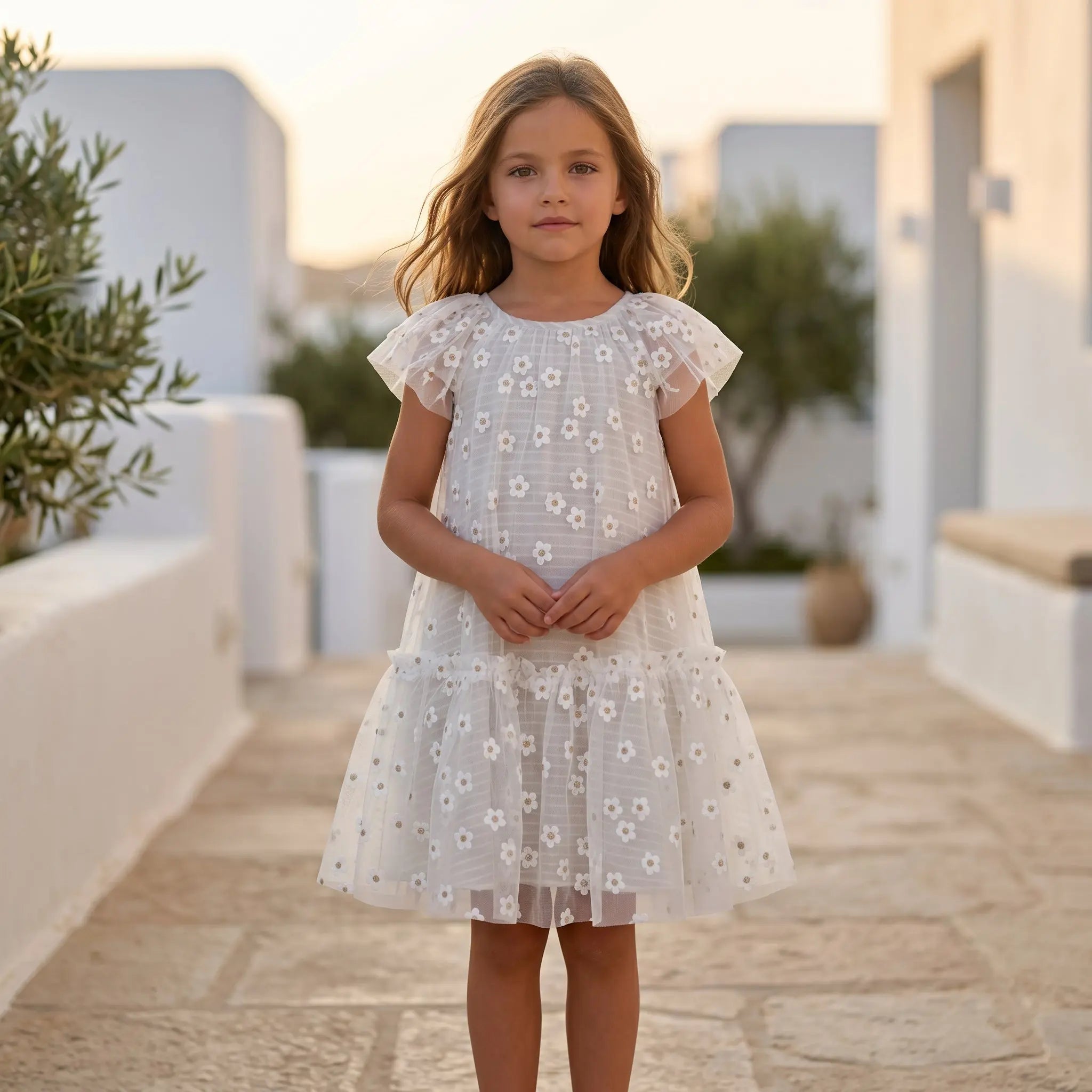 Girls Striped Daisies Cotton Dress with Tulle Details YELL OH!