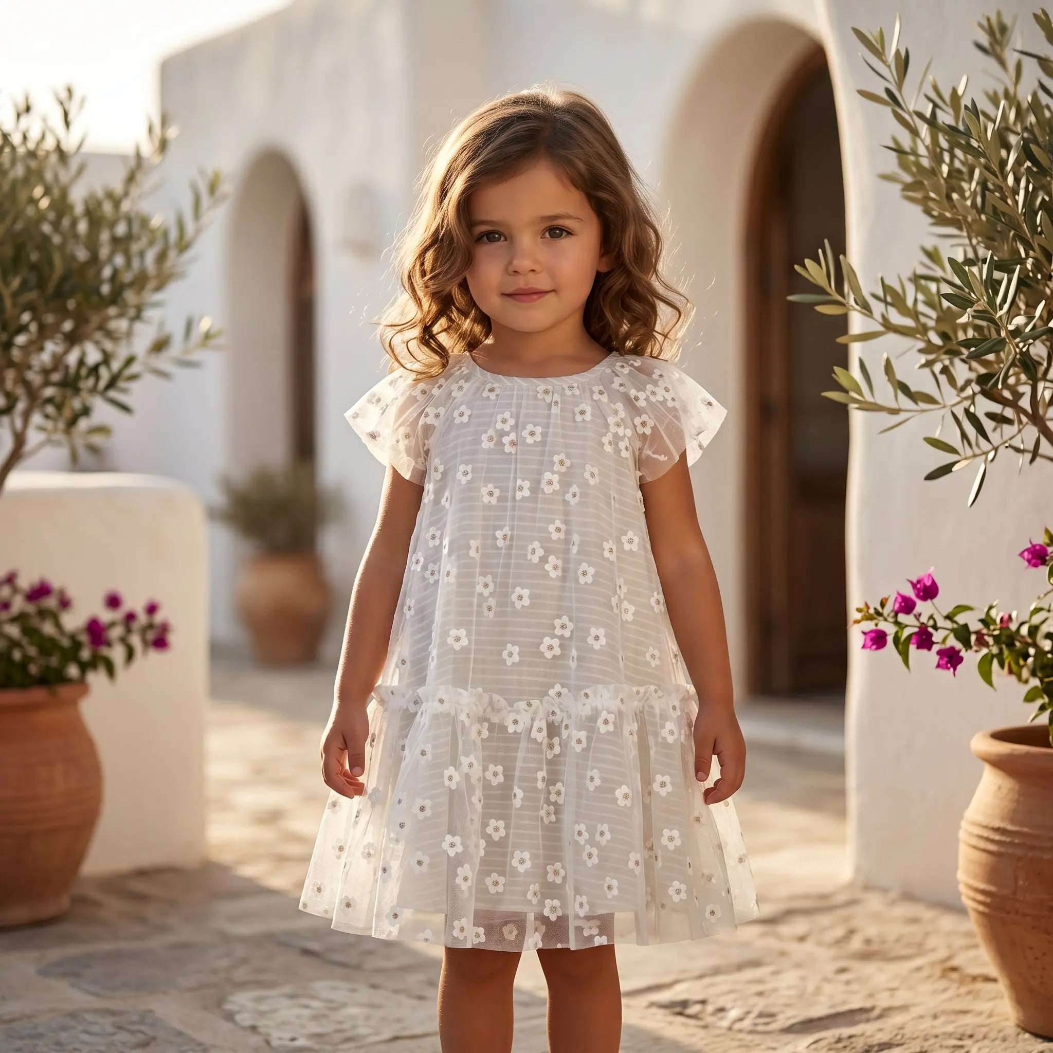 Girls Striped Daisies Cotton Dress with Tulle Details YELL OH!