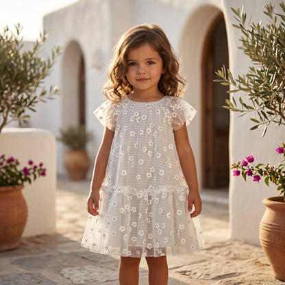 Girls Striped Daisies Cotton Dress with Tulle Details YELL OH!