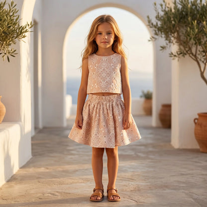 Girls Peach Quartz Embroidered Lace Top &amp; Skirt Set YELL OH!