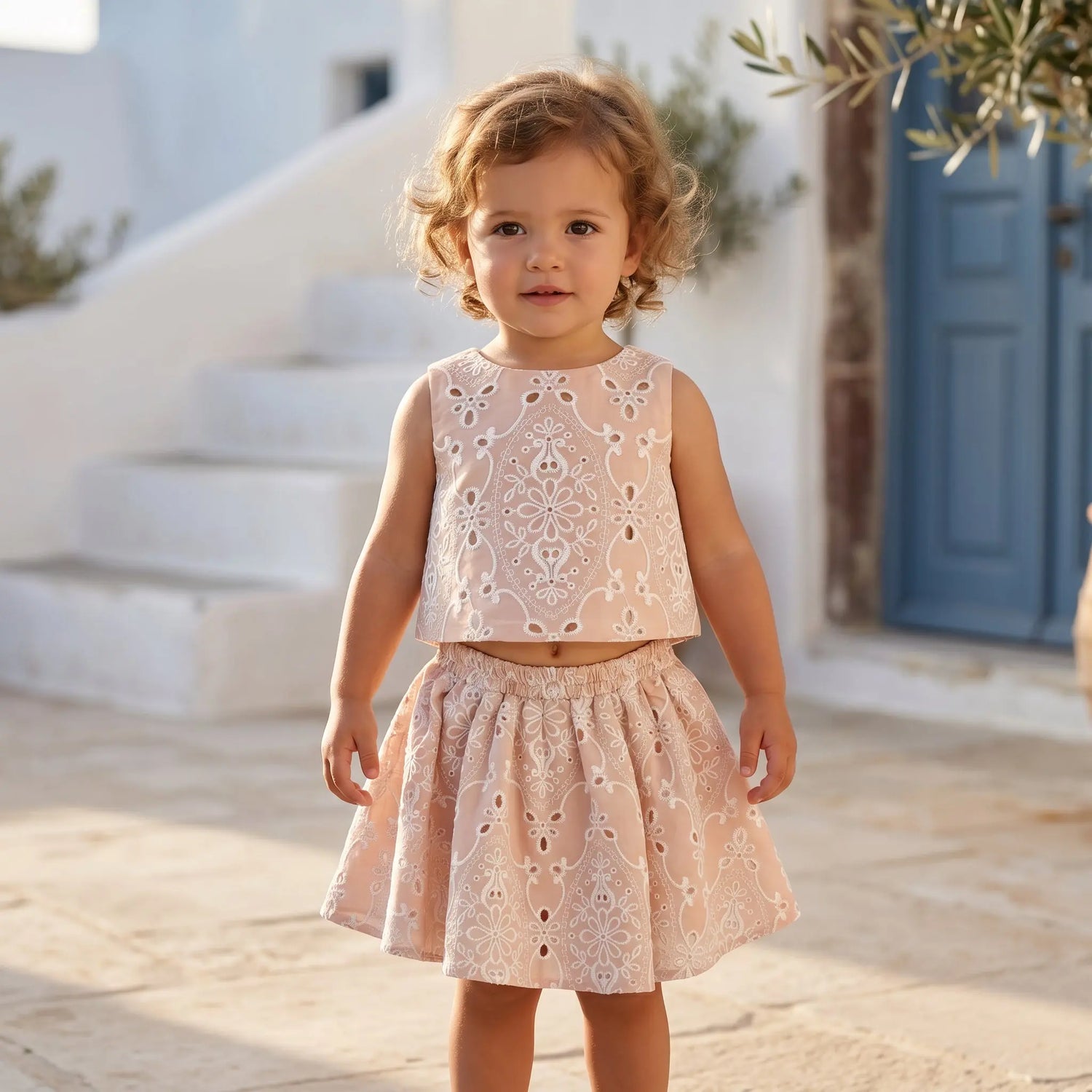 Girls Peach Quartz Embroidered Lace Top &amp; Skirt Set YELL OH!