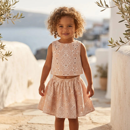 Girls Peach Quartz Embroidered Lace Top &amp; Skirt Set YELL OH!