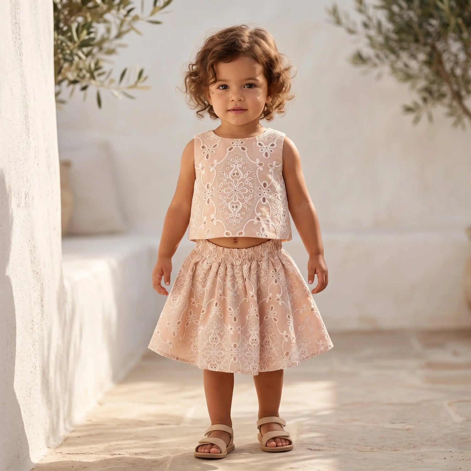 Girls Peach Quartz Embroidered Lace Top &amp; Skirt Set YELL OH!