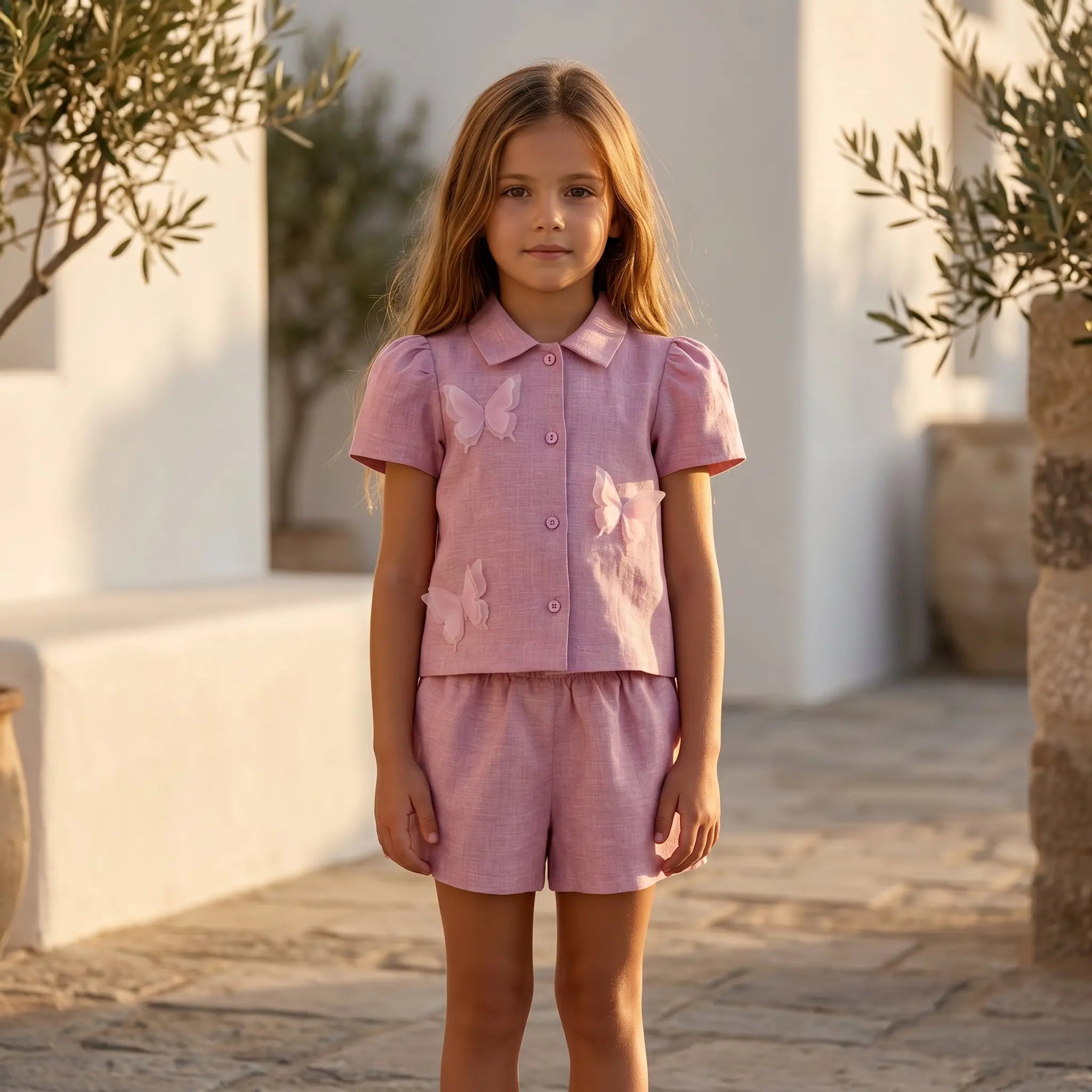 Girls Chateau Rose Linen Shirt &amp; Bermuda Shorts Set YELL OH!