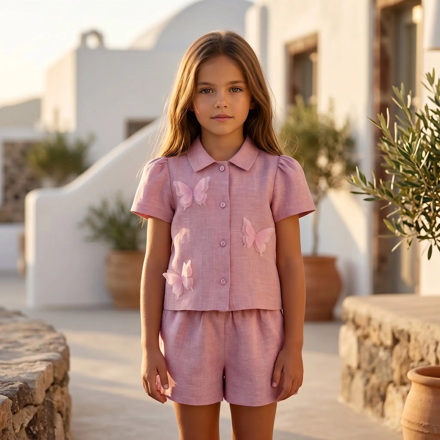 Girls Chateau Rose Linen Shirt &amp; Bermuda Shorts Set YELL OH!