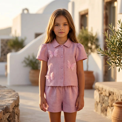 Girls Chateau Rose Linen Shirt &amp; Bermuda Shorts Set YELL OH!