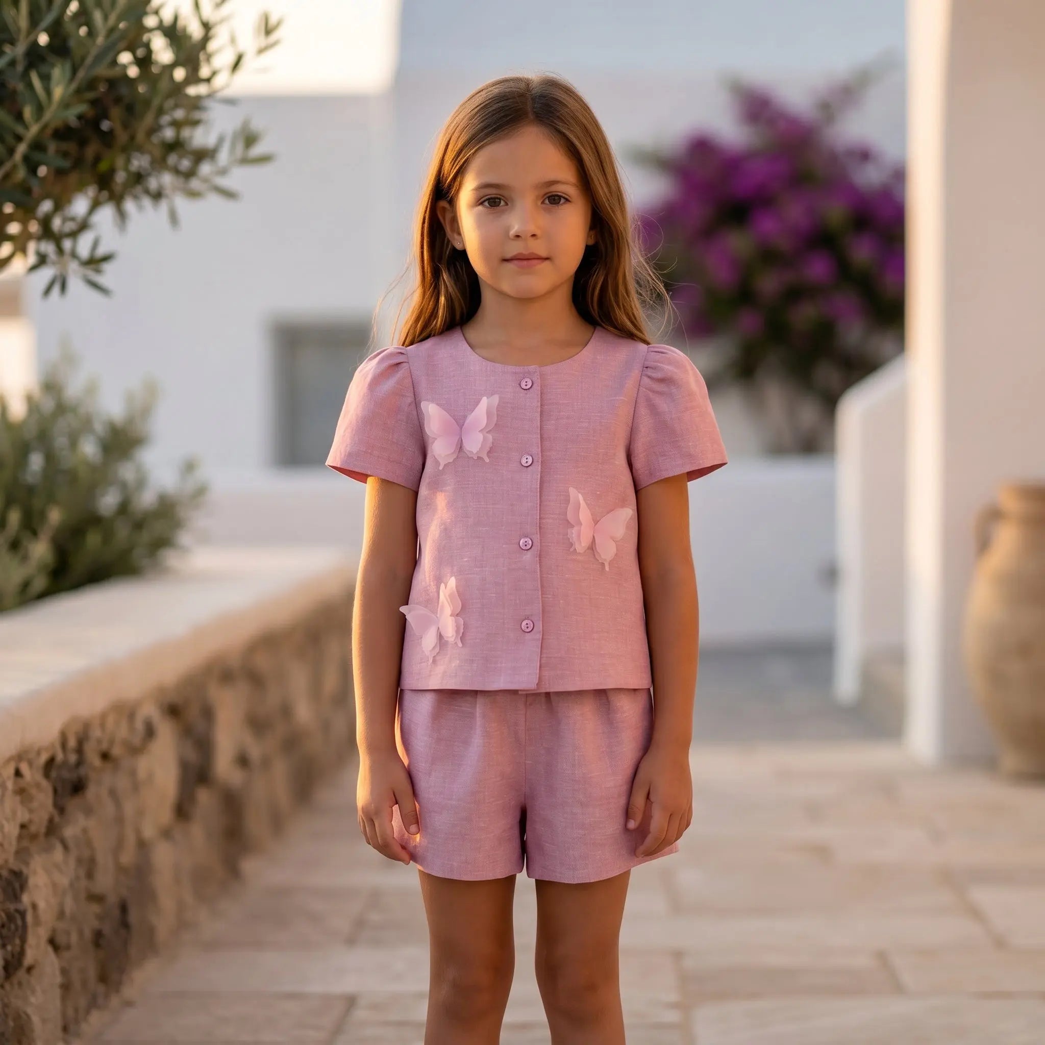 Girls Chateau Rose Linen Shirt &amp; Bermuda Shorts Set YELL OH!