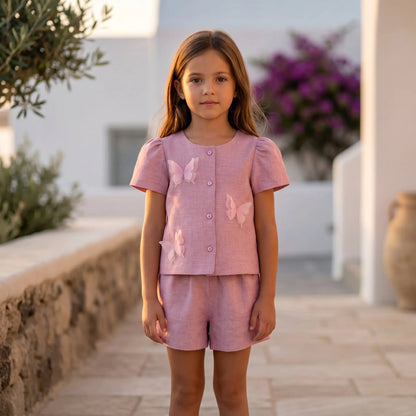 Girls Chateau Rose Linen Shirt &amp; Bermuda Shorts Set YELL OH!