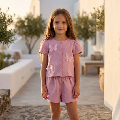 Girls Chateau Rose Linen Shirt &amp; Bermuda Shorts Set YELL OH!