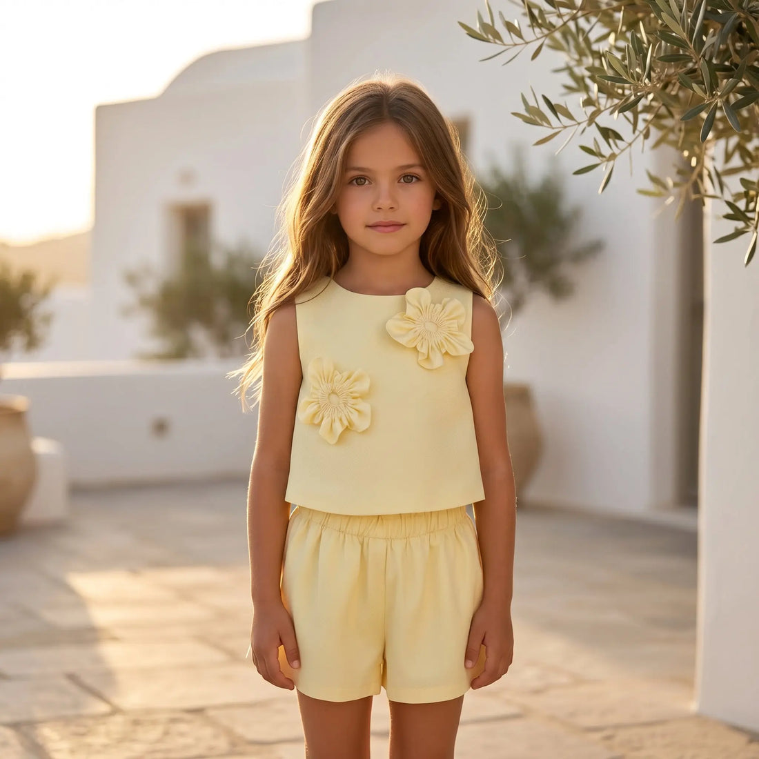 Girls Sunshine Floral Top &amp; Tencel Linen Bermuda Shorts Set YELL OH!