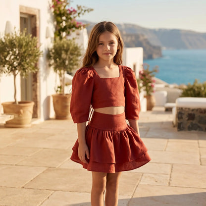 Girls Thira Red Linen Puff Sleeve Top &amp; Double Ruffle Skirt Set YELL OH!