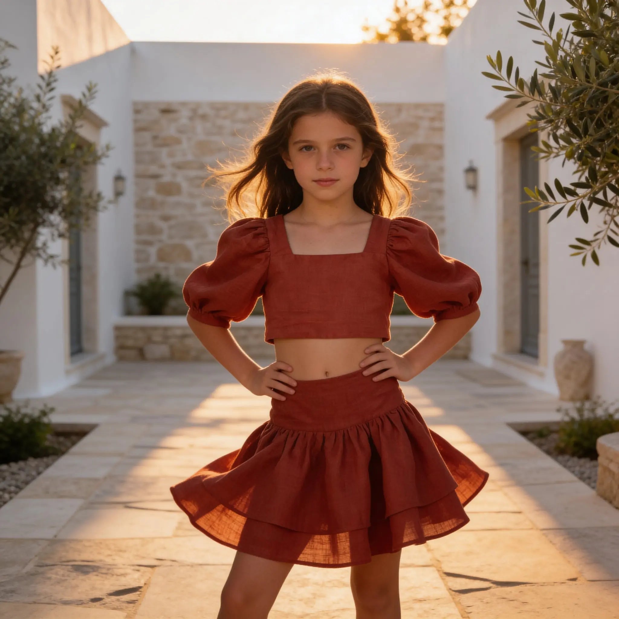 Girls Thira Red Linen Puff Sleeve Top &amp; Double Ruffle Skirt Set YELL OH!
