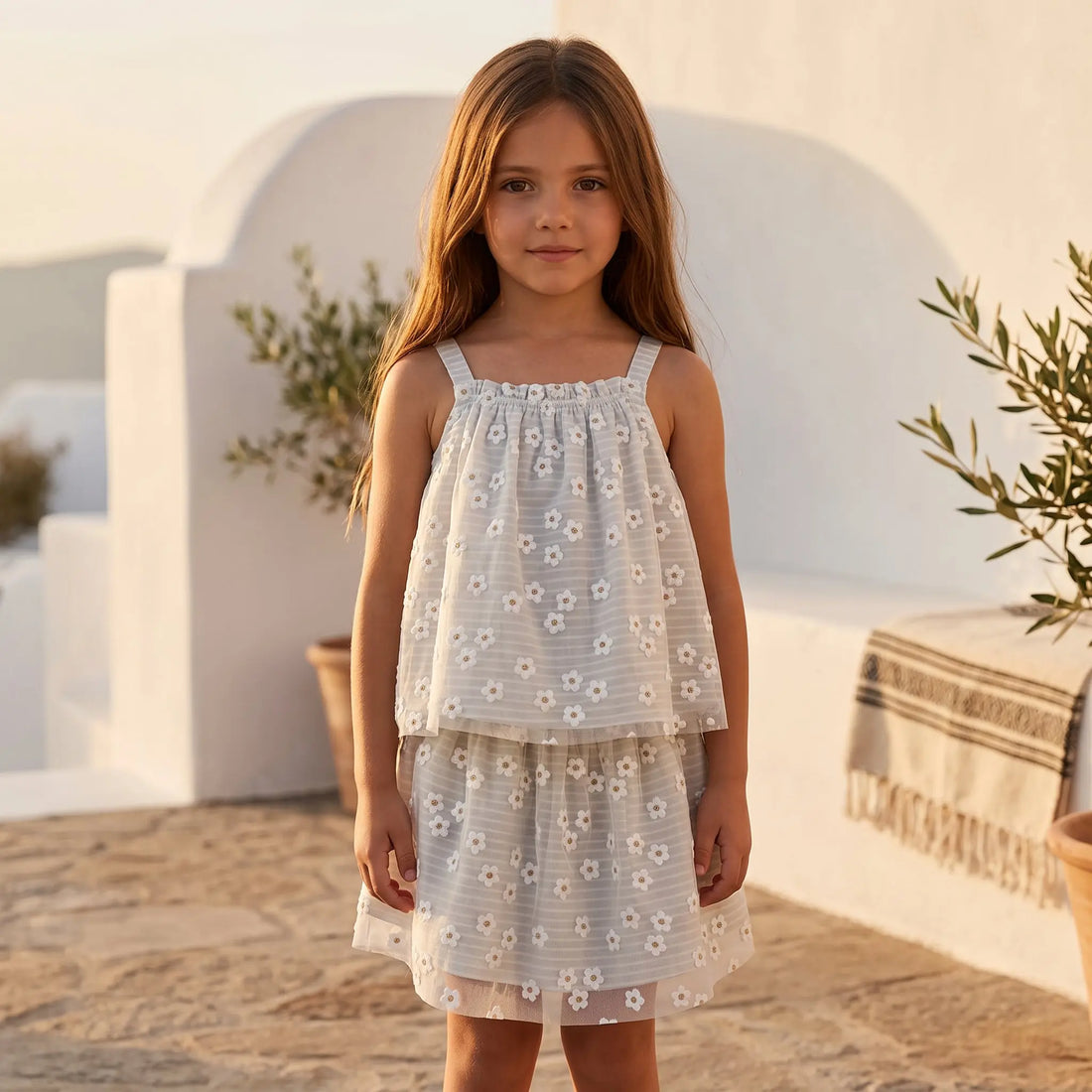 Girls Striped Daisies Cotton Top &amp; Double Layer Skirt Set YELL OH!