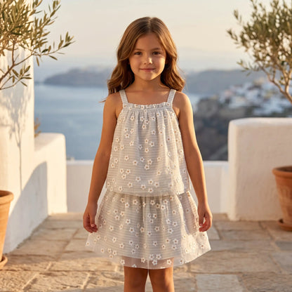 Girls Striped Daisies Cotton Top &amp; Double Layer Skirt Set YELL OH!