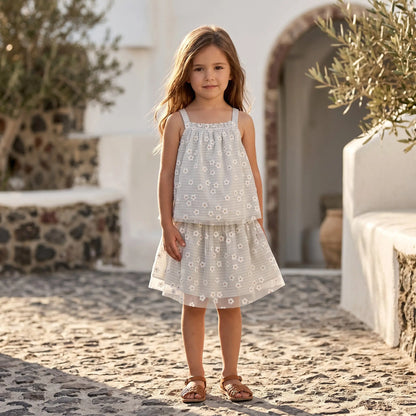 Girls Striped Daisies Cotton Top &amp; Double Layer Skirt Set YELL OH!