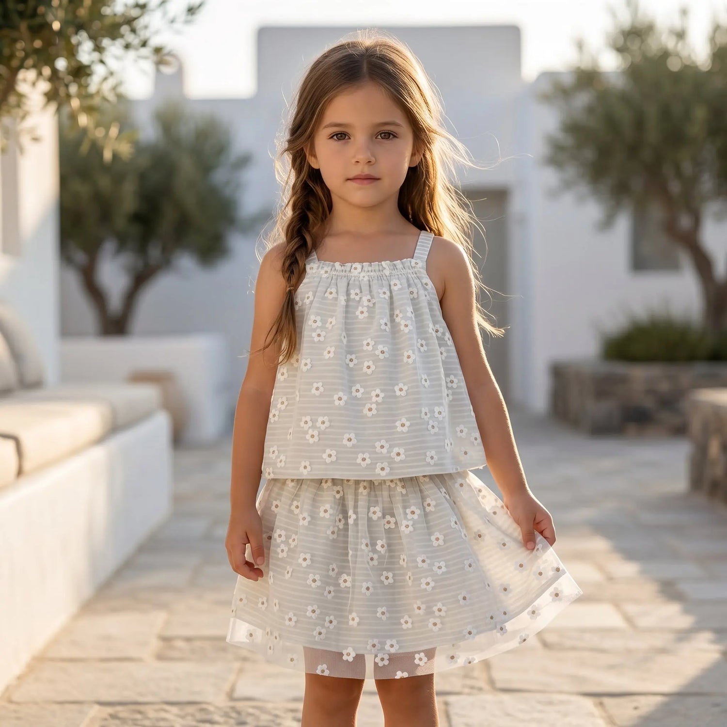 Girls Striped Daisies Cotton Top &amp; Double Layer Skirt Set YELL OH!