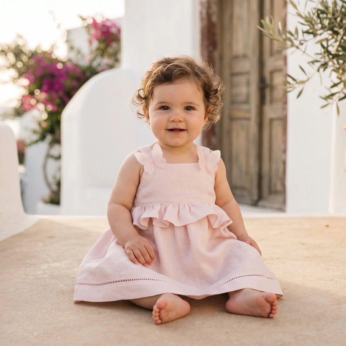 Girls Marshmallow Pink Linen Dress with Daisy Details YELL OH!
