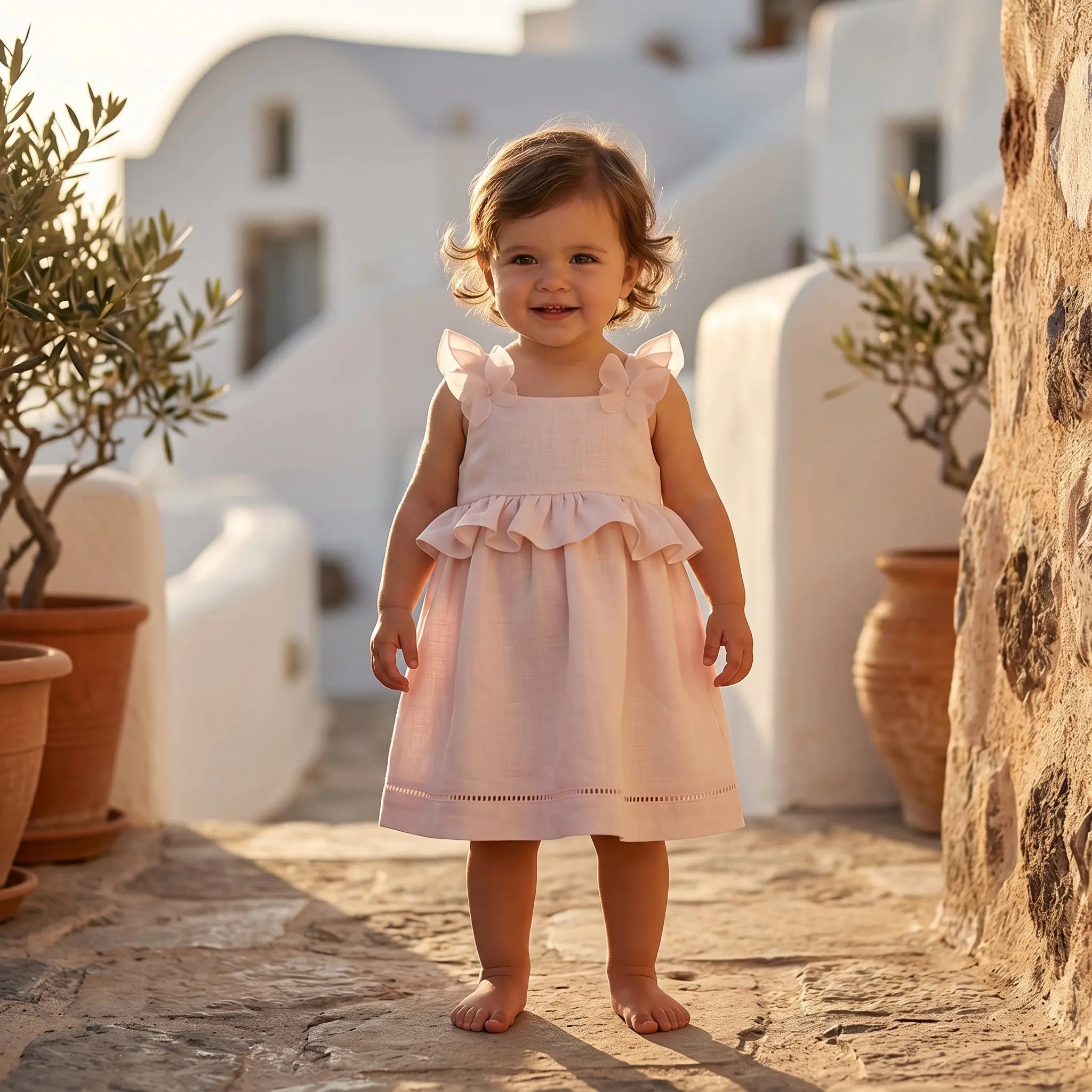 Girls Marshmallow Pink Linen Dress with Daisy Details YELL OH!