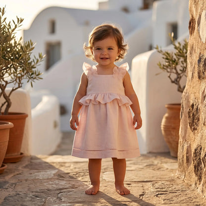 Girls Marshmallow Pink Linen Dress with Daisy Details YELL OH!
