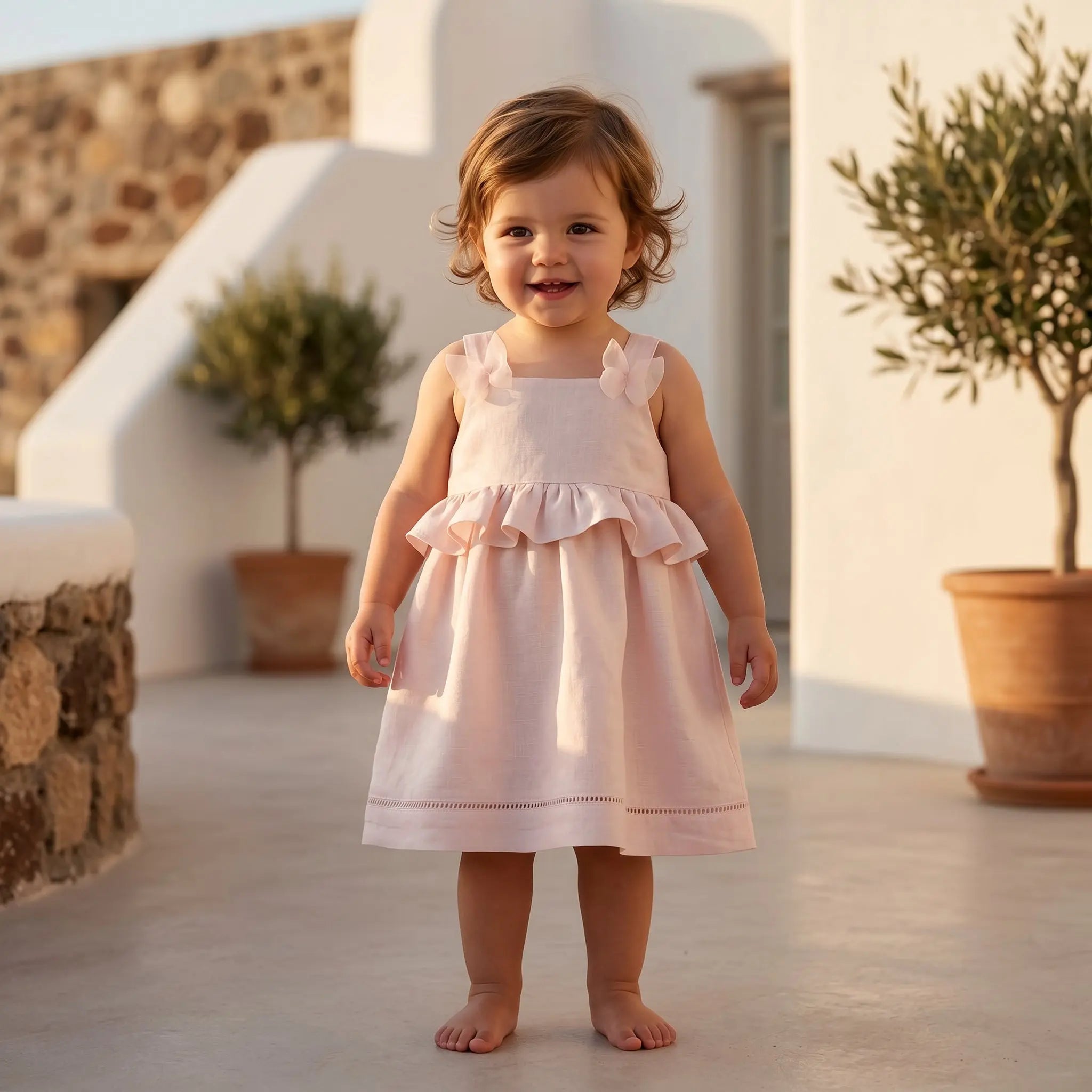 Girls Marshmallow Pink Linen Dress with Daisy Details YELL OH!