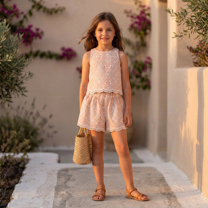 Girls Peach Quartz Embroidered Lace Top &amp; Bermuda Shorts Set YELL OH!