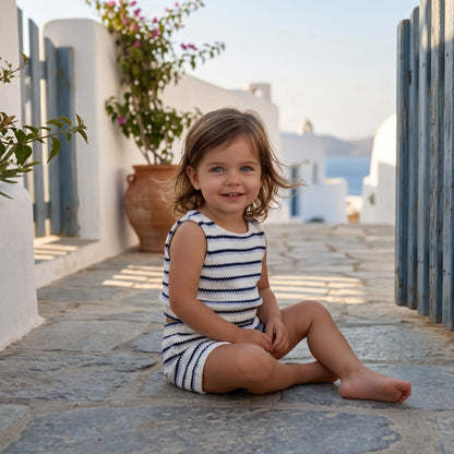 Girls Sugar Navy Jacquard Striped Knitted Top &amp; Shorts Set YELL OH!