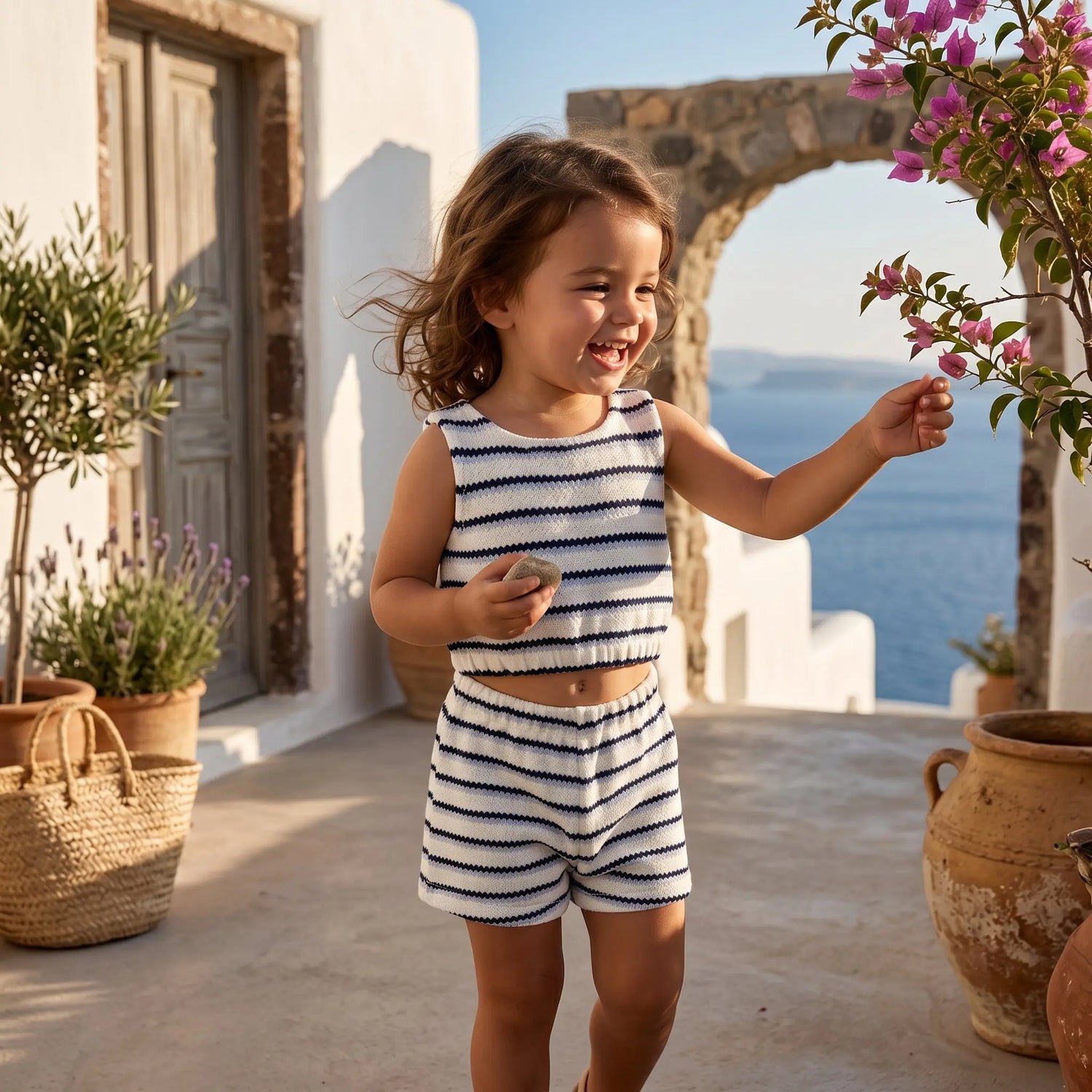 Girls Sugar Navy Jacquard Striped Knitted Top &amp; Shorts Set YELL OH!