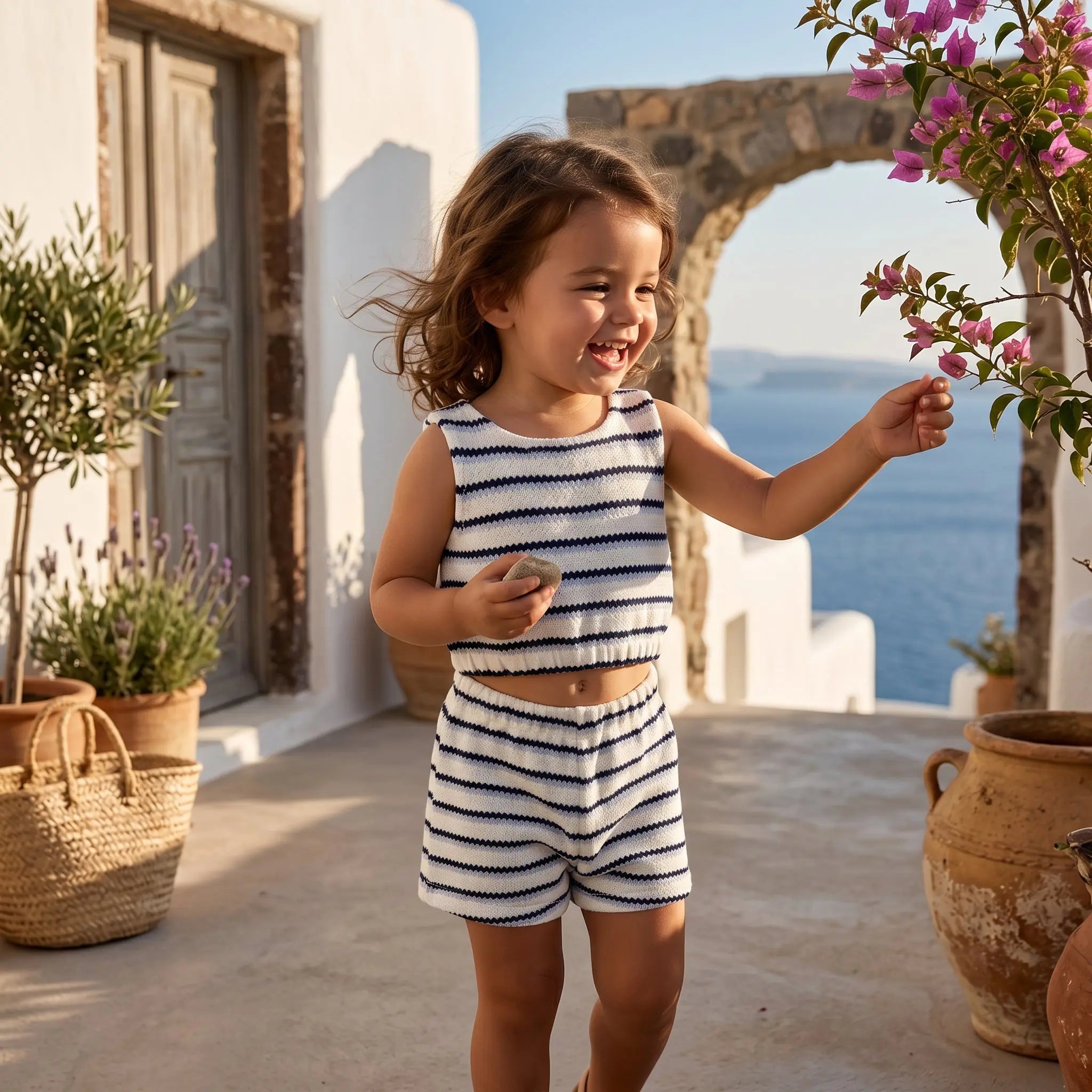 Girls Sugar Navy Jacquard Striped Knitted Top &amp; Shorts Set YELL OH!