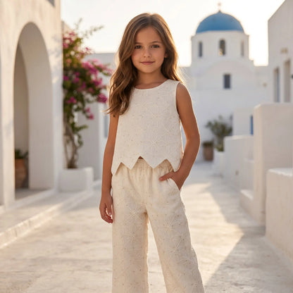Girls Ecru Embroidered Rhombus Top &amp; Pants Set YELL OH!