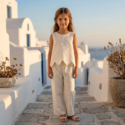Girls Ecru Embroidered Rhombus Top &amp; Pants Set YELL OH!
