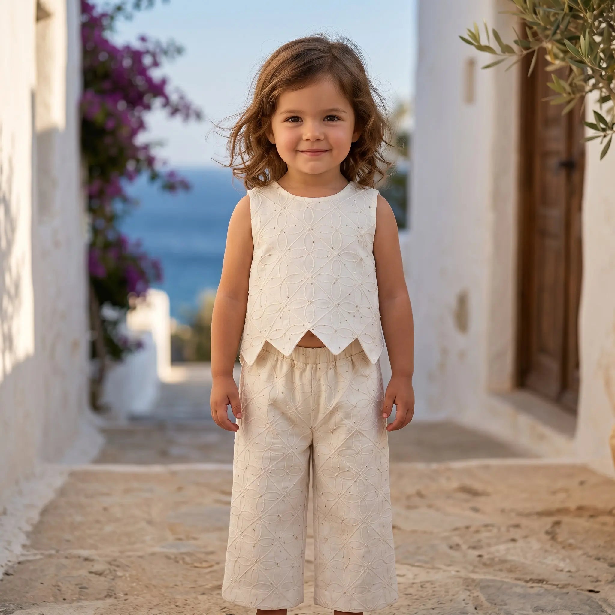 Girls Ecru Embroidered Rhombus Top &amp; Pants Set YELL OH!
