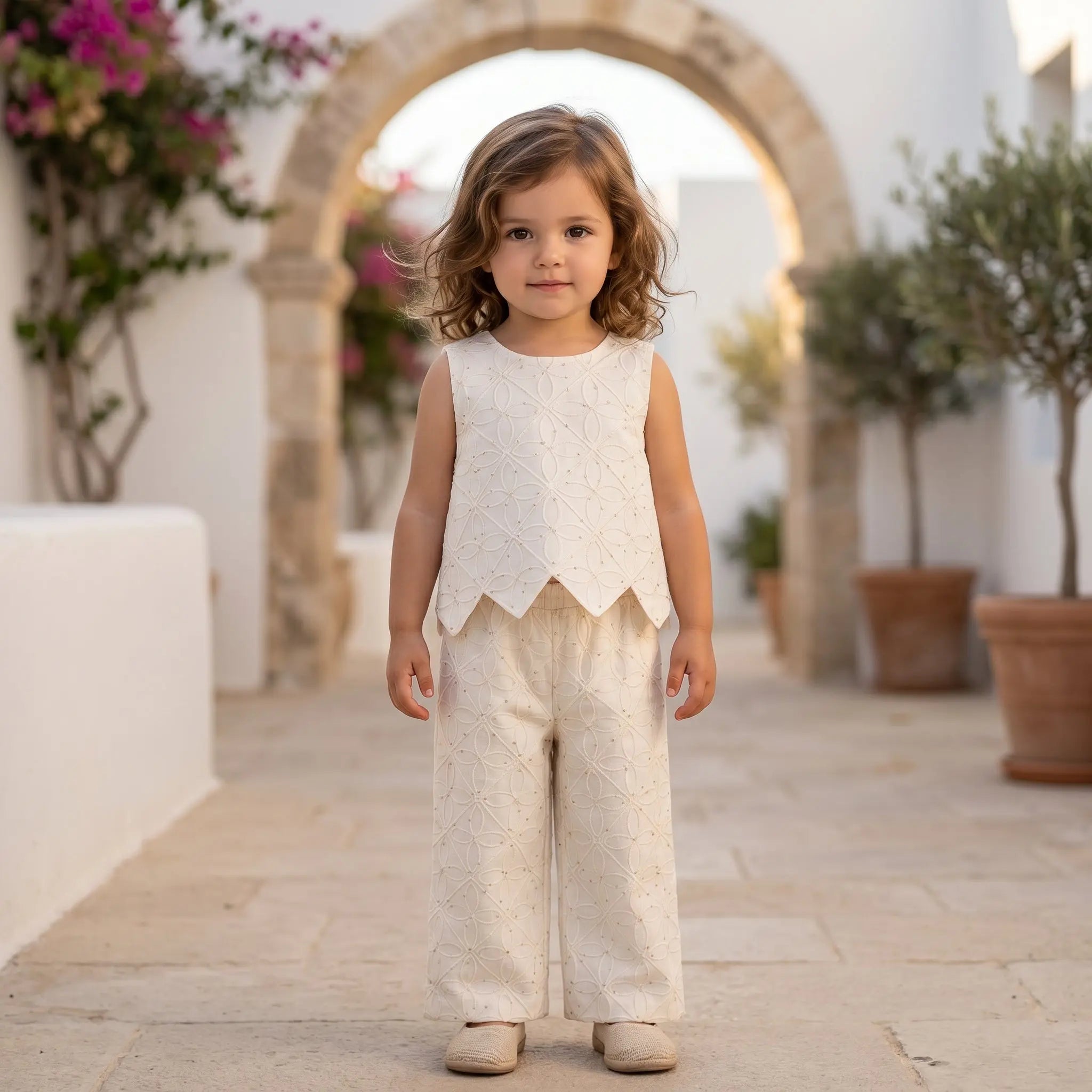 Girls Ecru Embroidered Rhombus Top &amp; Pants Set YELL OH!