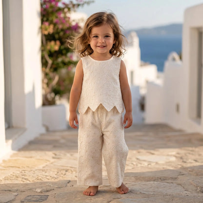 Girls Ecru Embroidered Rhombus Top &amp; Pants Set YELL OH!