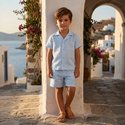 Boys Aether Blue Linen Button-Down Shirt &amp; Bermuda Shorts Set YELL OH!