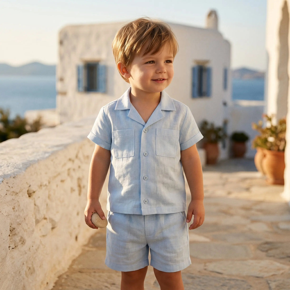 Boys Aether Blue Linen Button-Down Shirt &amp; Bermuda Shorts Set YELL OH!