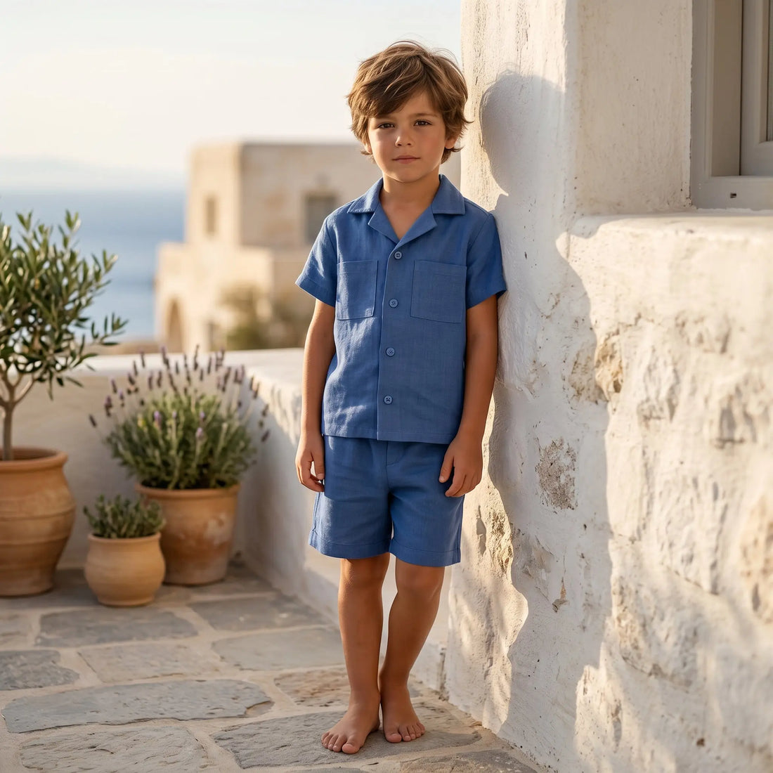 Boys Aegea Blue Linen Button-Down Shirt &amp; Bermuda Shorts Set YELL OH!