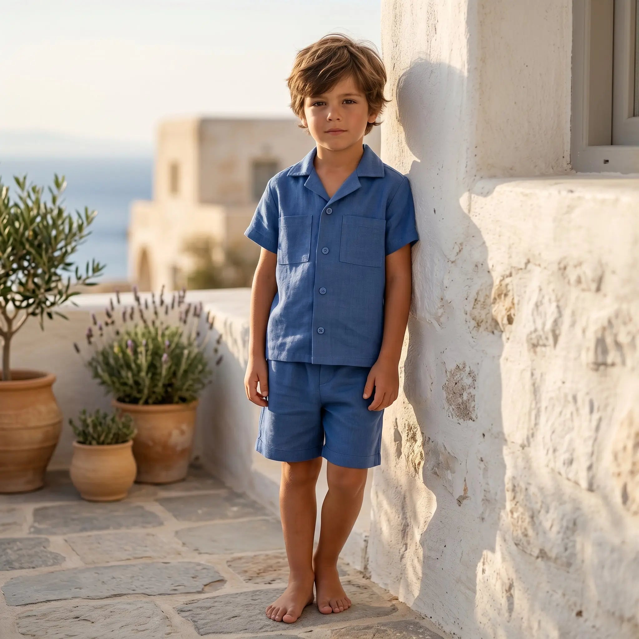 Boys Aegea Blue Linen Button-Down Shirt &amp; Bermuda Shorts Set YELL OH!
