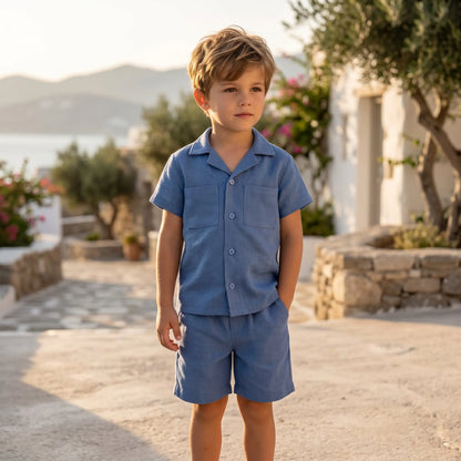 Boys Aegea Blue Linen Button-Down Shirt &amp; Bermuda Shorts Set YELL OH!