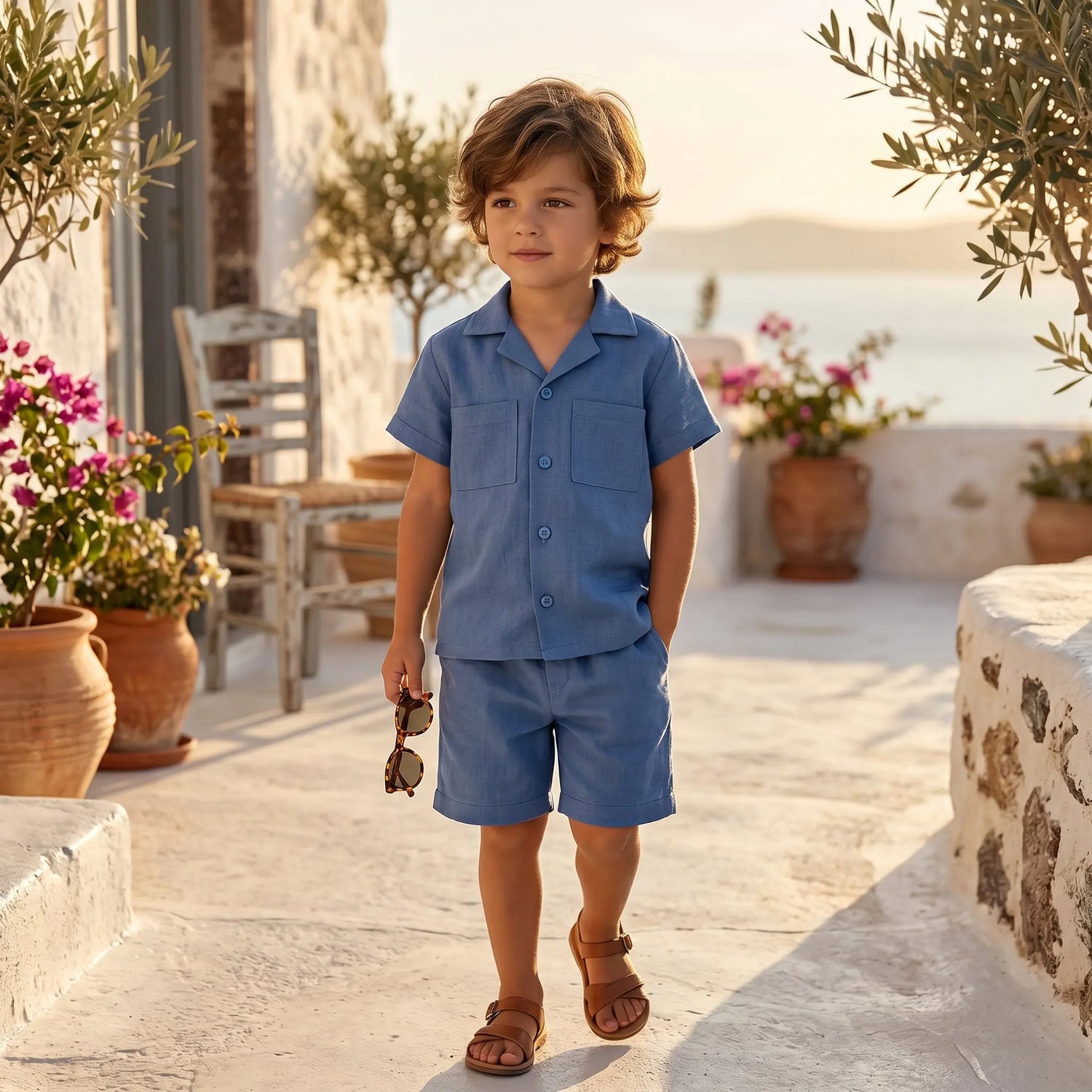 Boys Aegea Blue Linen Button-Down Shirt &amp; Bermuda Shorts Set YELL OH!