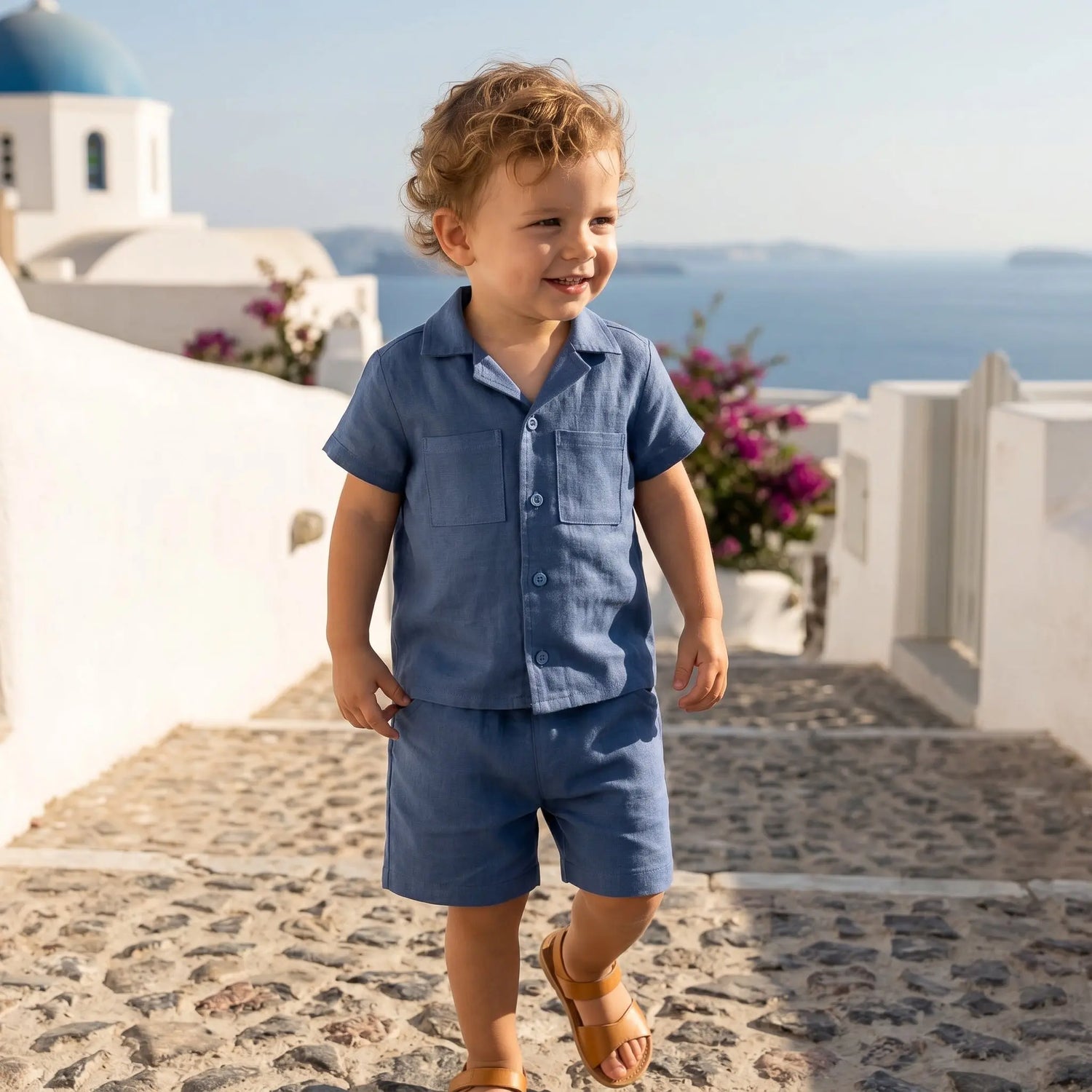 Boys Aegea Blue Linen Button-Down Shirt &amp; Bermuda Shorts Set YELL OH!