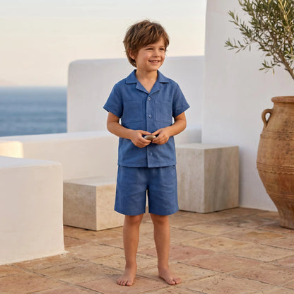 Boys Aegea Blue Linen Button-Down Shirt &amp; Bermuda Shorts Set YELL OH!