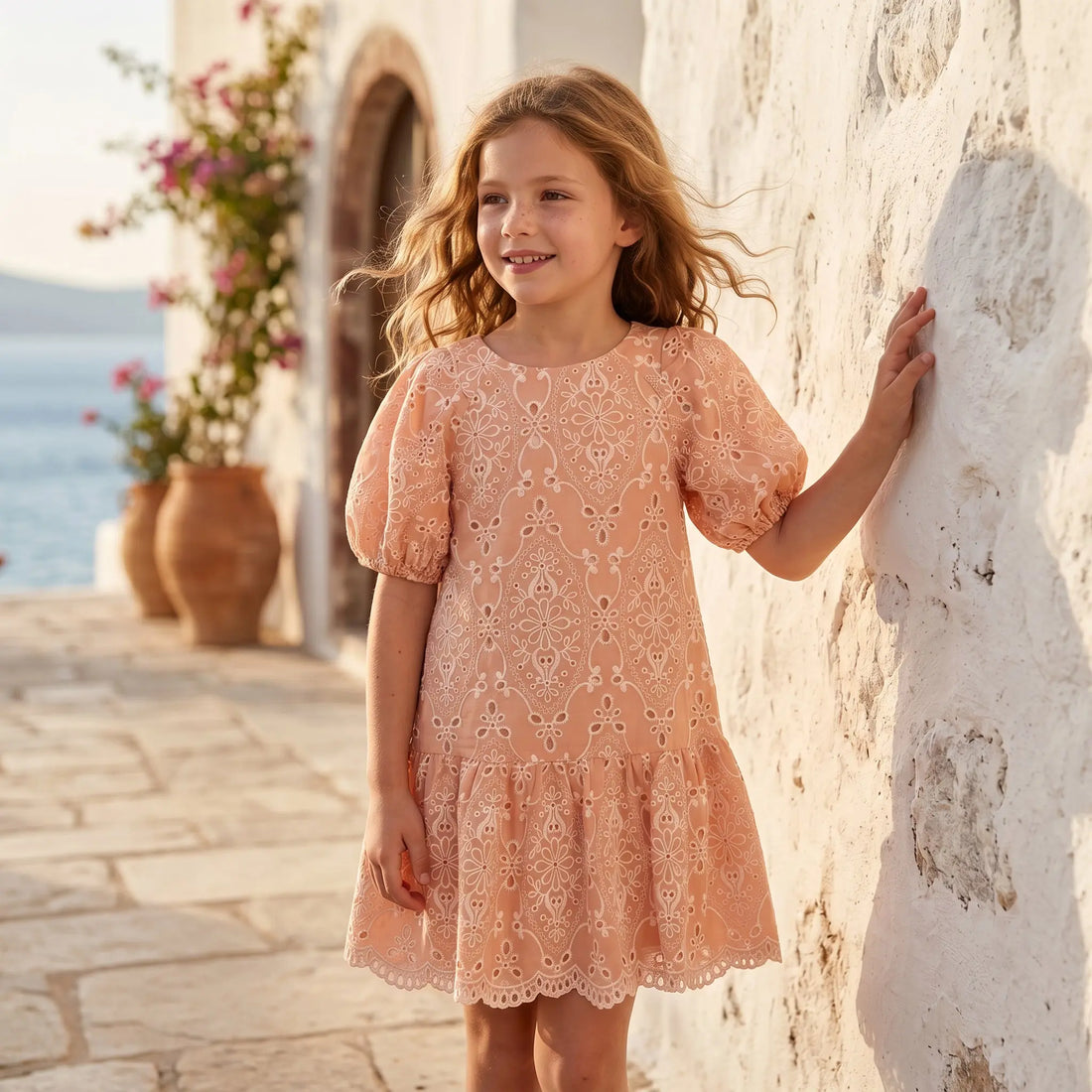 Girls Peach Blossom Embroidered Dress YELL OH!