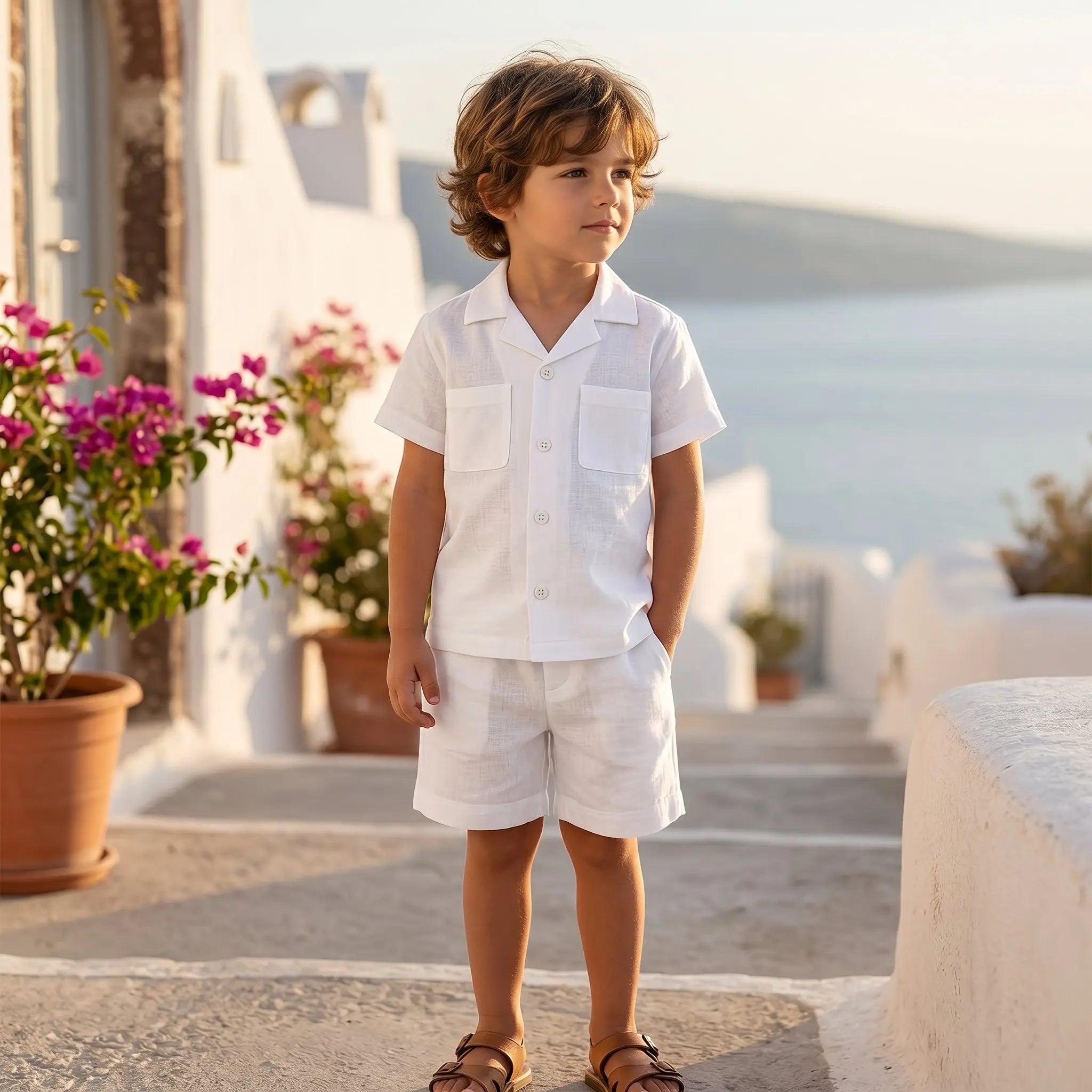 Boys White Linen Button-Down Shirt &amp; Bermuda Shorts Set YELL OH!