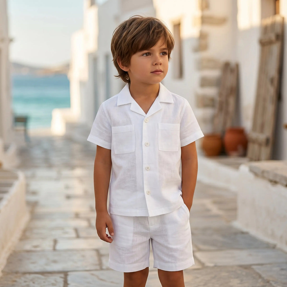 Boys White Linen Button-Down Shirt &amp; Bermuda Shorts Set YELL OH!