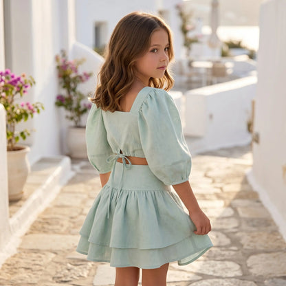 Girls Dusty Aqua Linen Top &amp; Double Ruffle Skirt Set YELL OH!