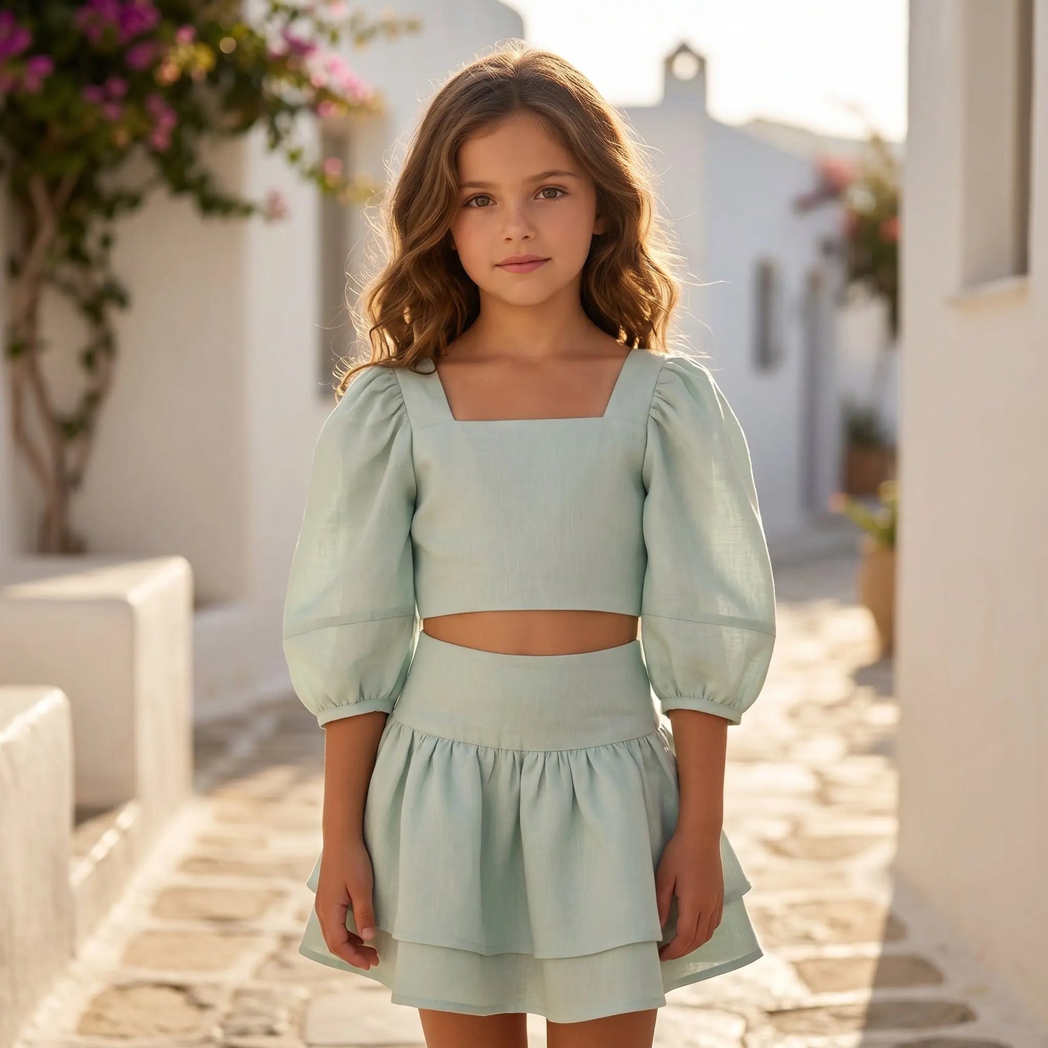 Girls Dusty Aqua Linen Top &amp; Double Ruffle Skirt Set YELL OH!