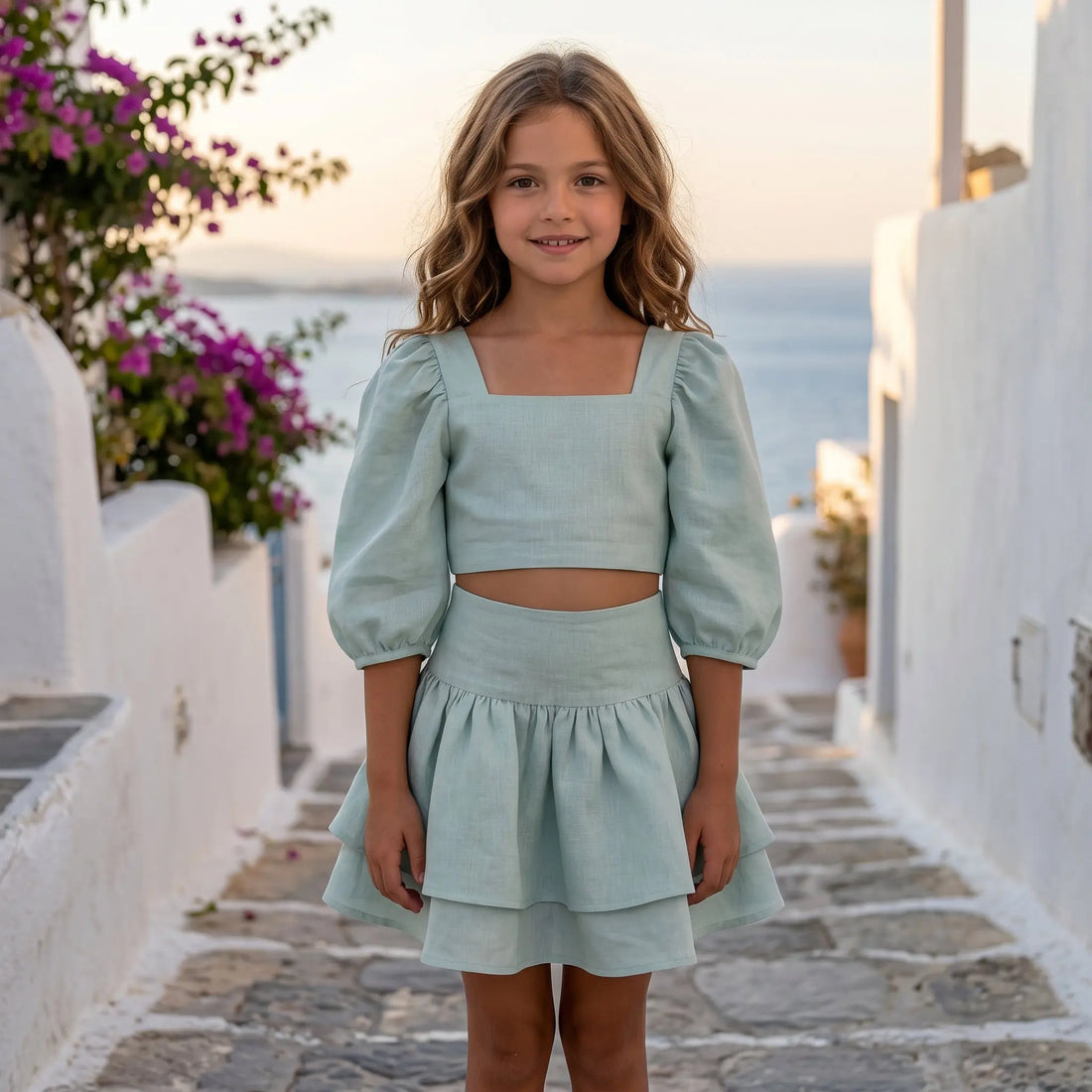 Girls Dusty Aqua Linen Top &amp; Double Ruffle Skirt Set YELL OH!
