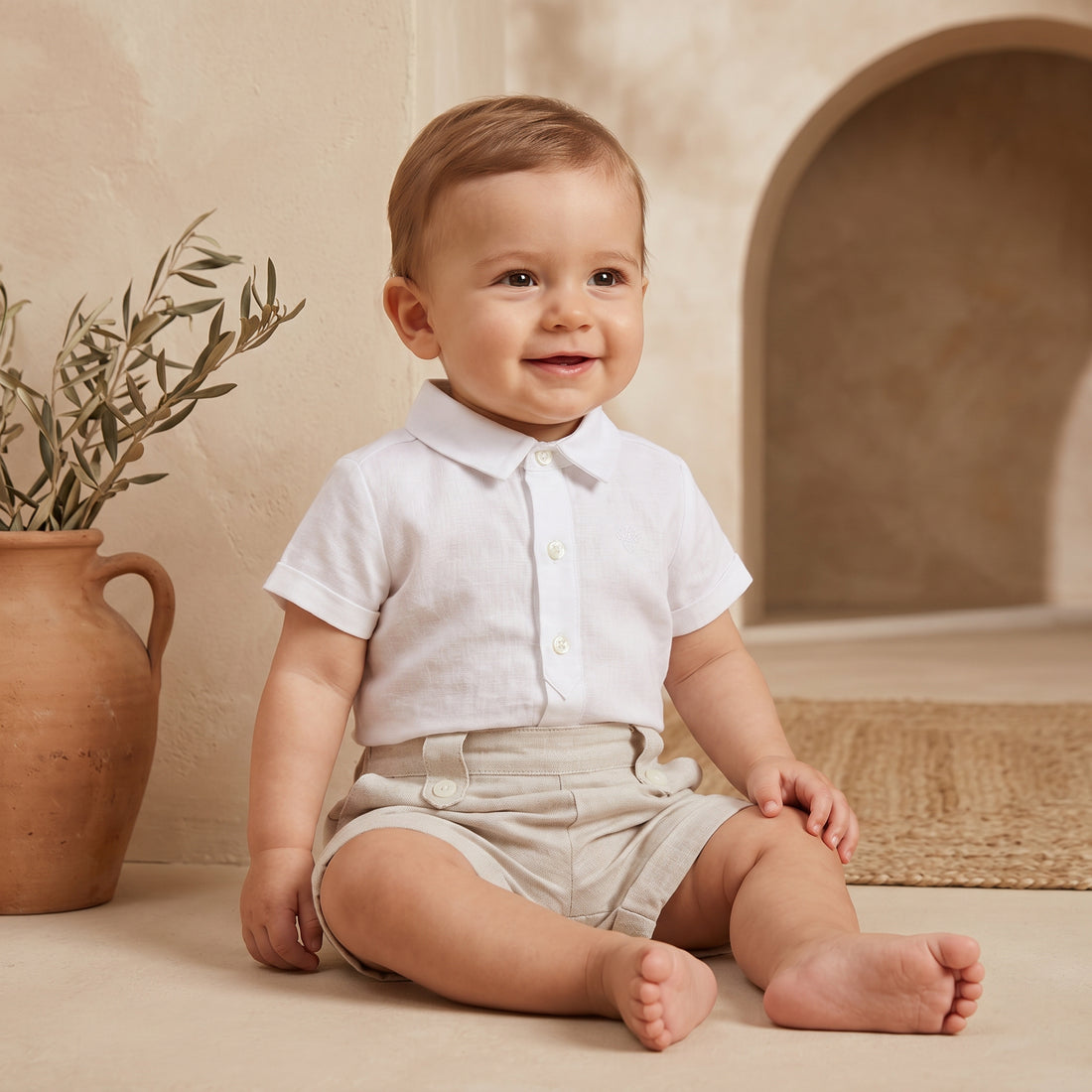 Boys White Linen Shirt &amp; Sand Linen Shorts Set