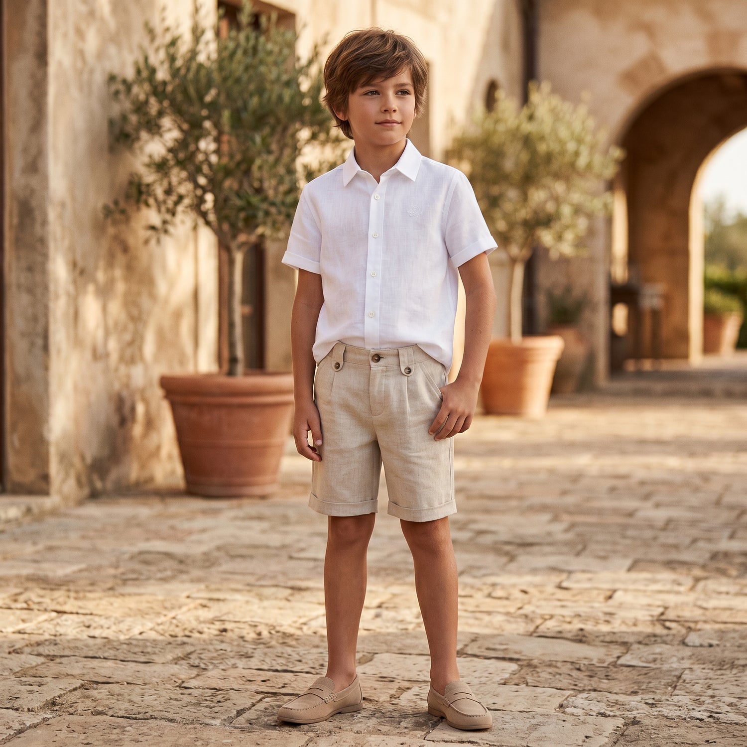 Boys White Linen Shirt &amp; Sand Linen Ceremony Shorts Set